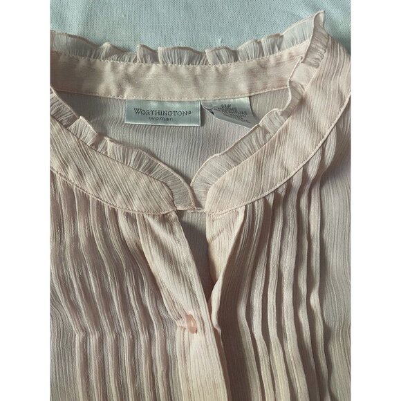 Worthington Womens Light Pink Sheer Button-Up Blouse With Ruffle Collar & Pintuc - Picture 10 of 12
